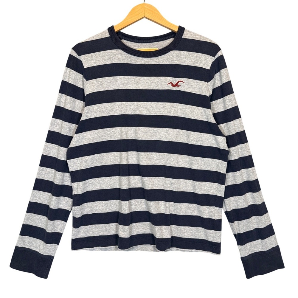 Hollister Long Sleeve Tee XL Navy Grey Stripe Y2K Surf Skate Preppy Logo